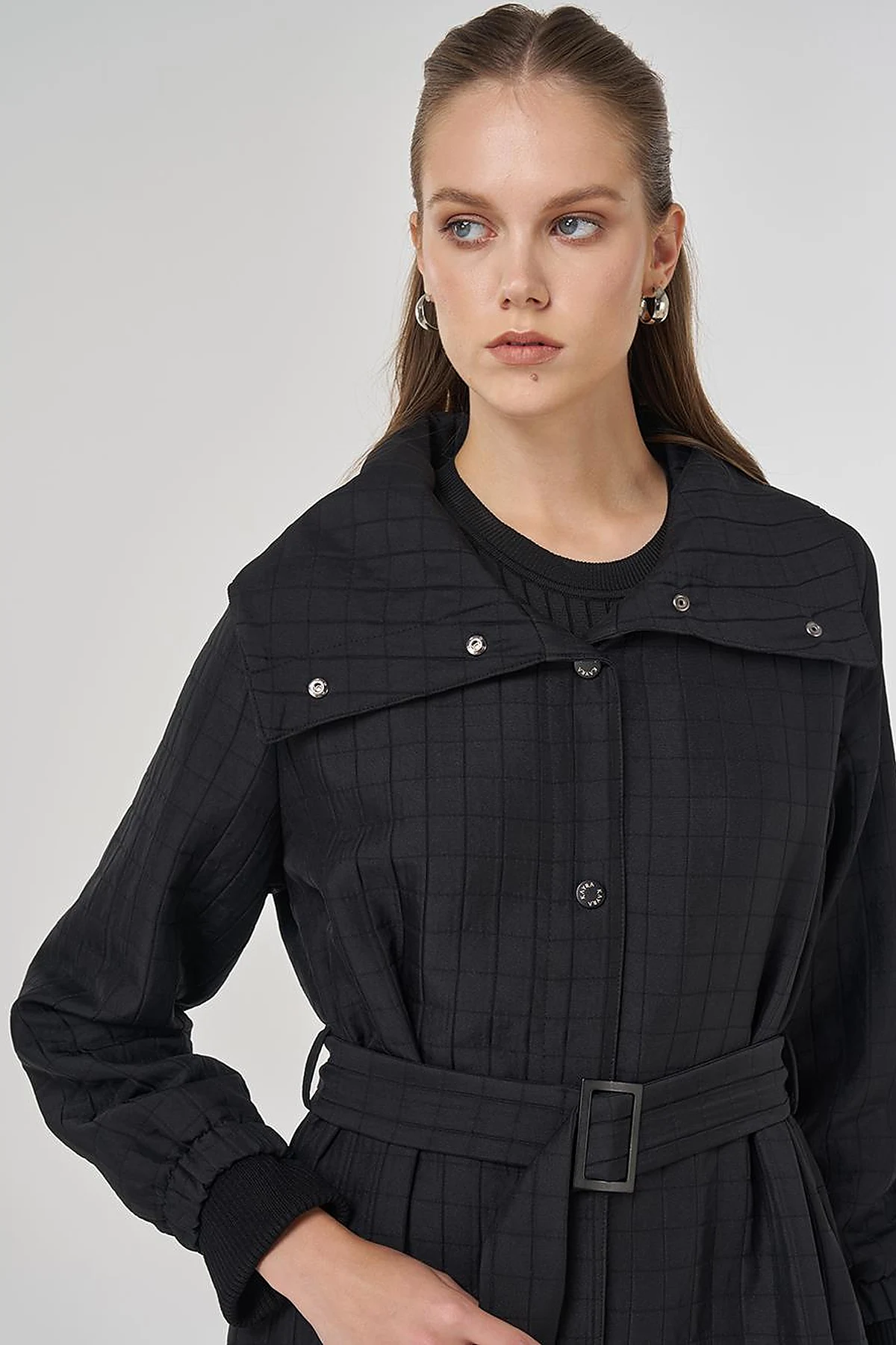 Stand-Up Collar Quilted Trench Coat Black