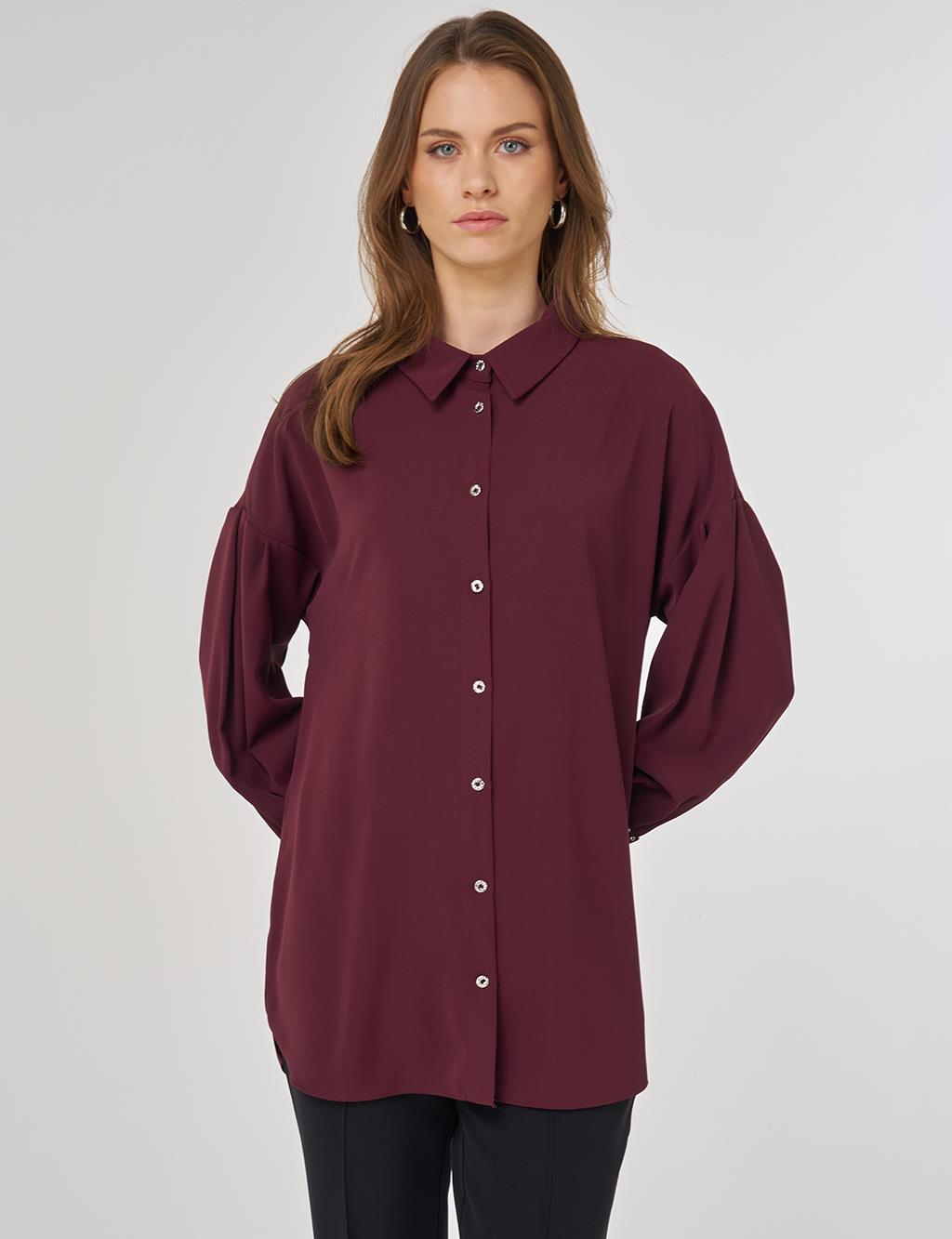 Embroidered Back Shirt Collar Tunic in Burgundy