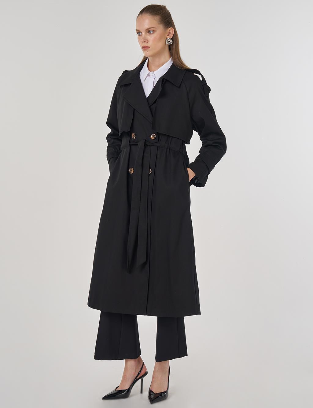 Epaulet-Detail Long Trench Coat Black