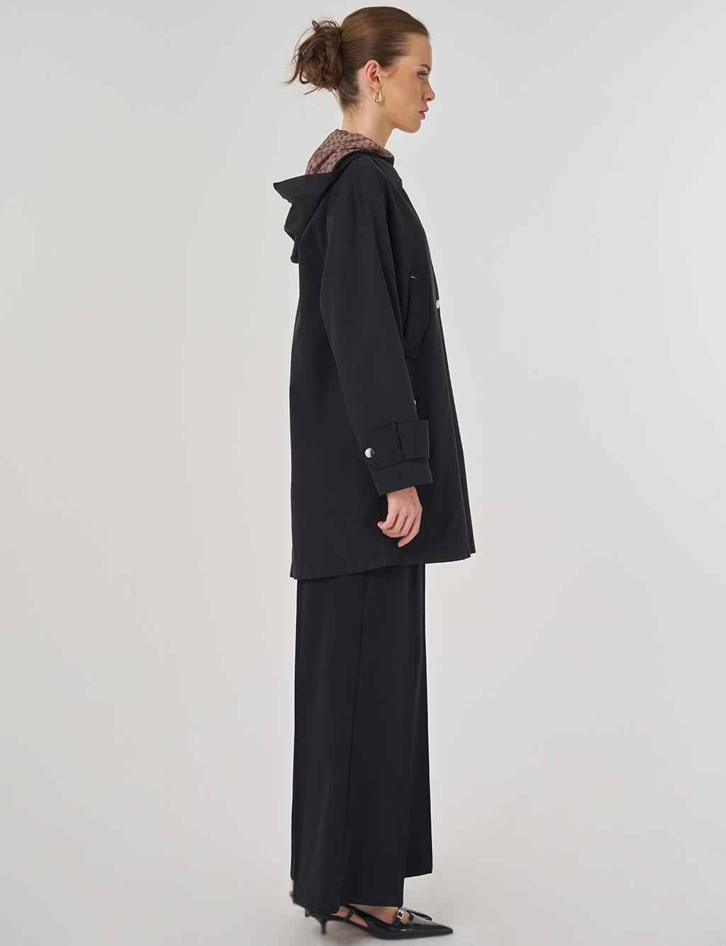 Hooded Short Trench Coat in Black