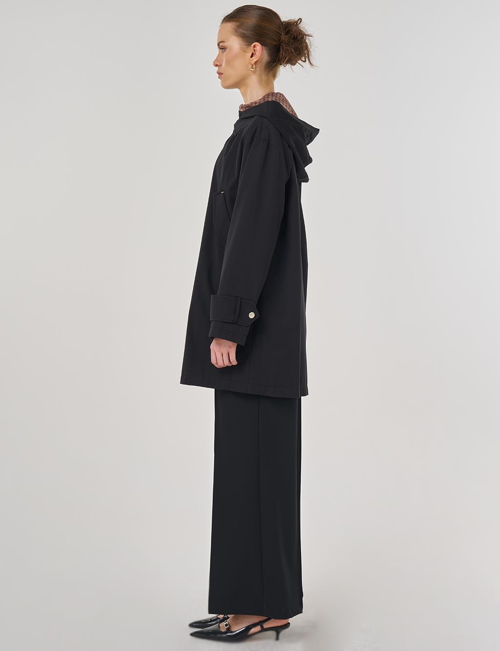 Hooded Short Trench Coat in Black