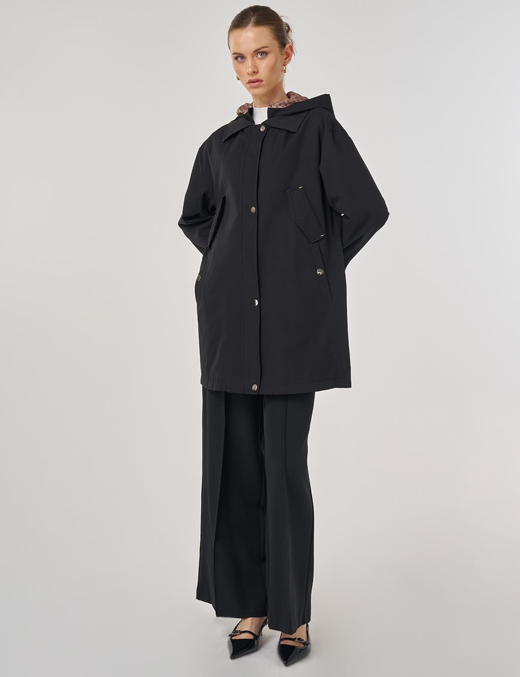Hooded Short Trench Coat in Black