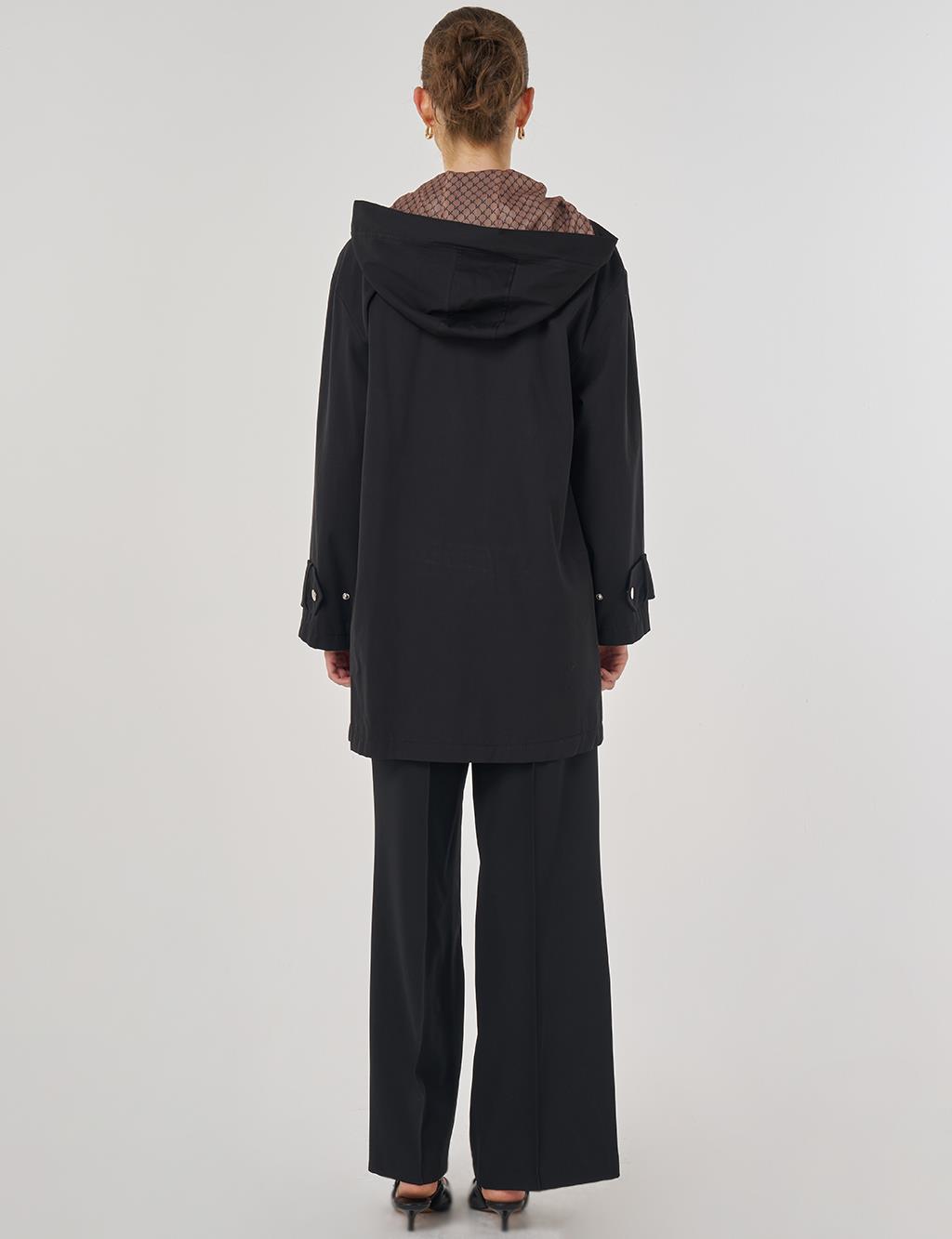 Hooded Short Trench Coat in Black