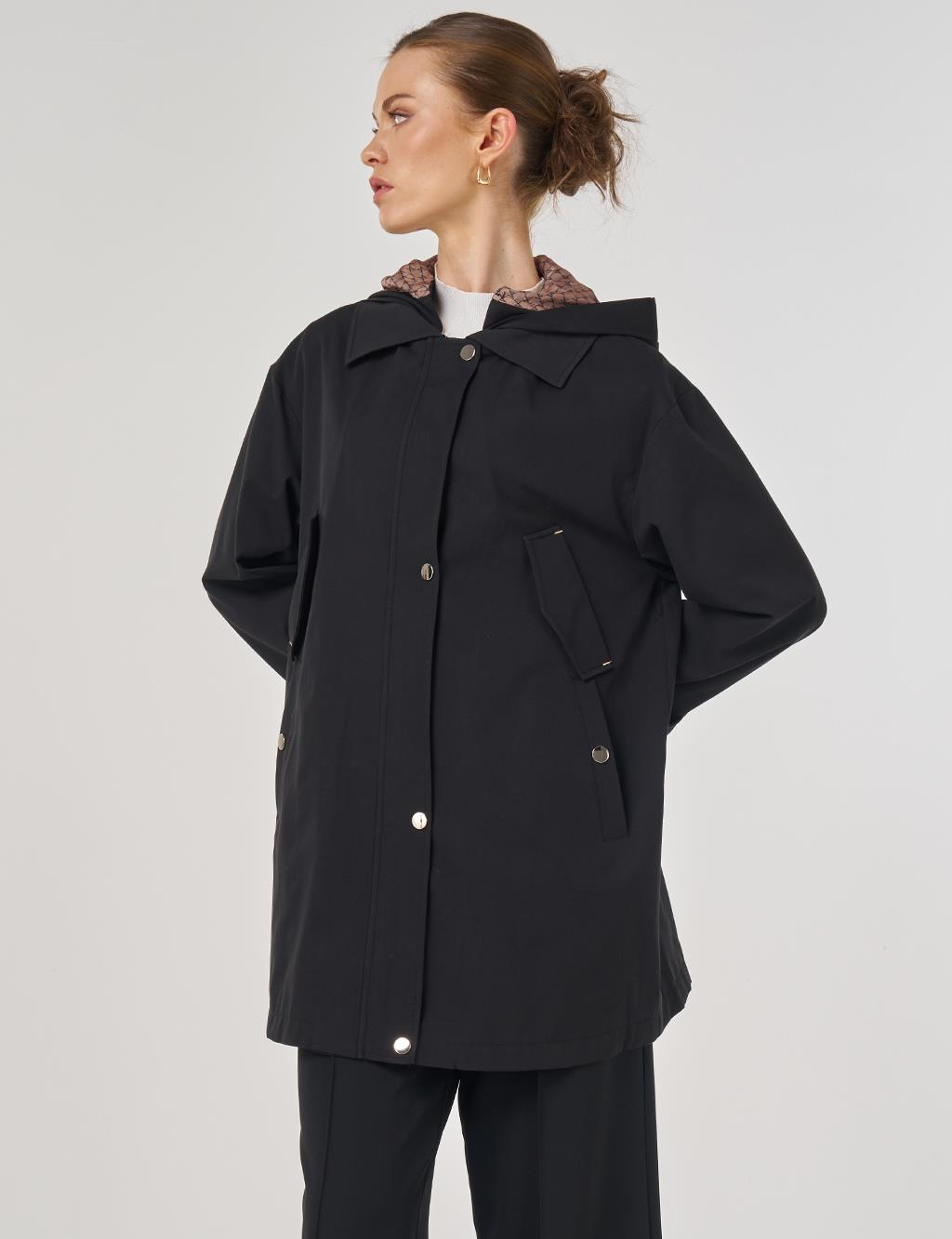 Hooded Short Trench Coat in Black