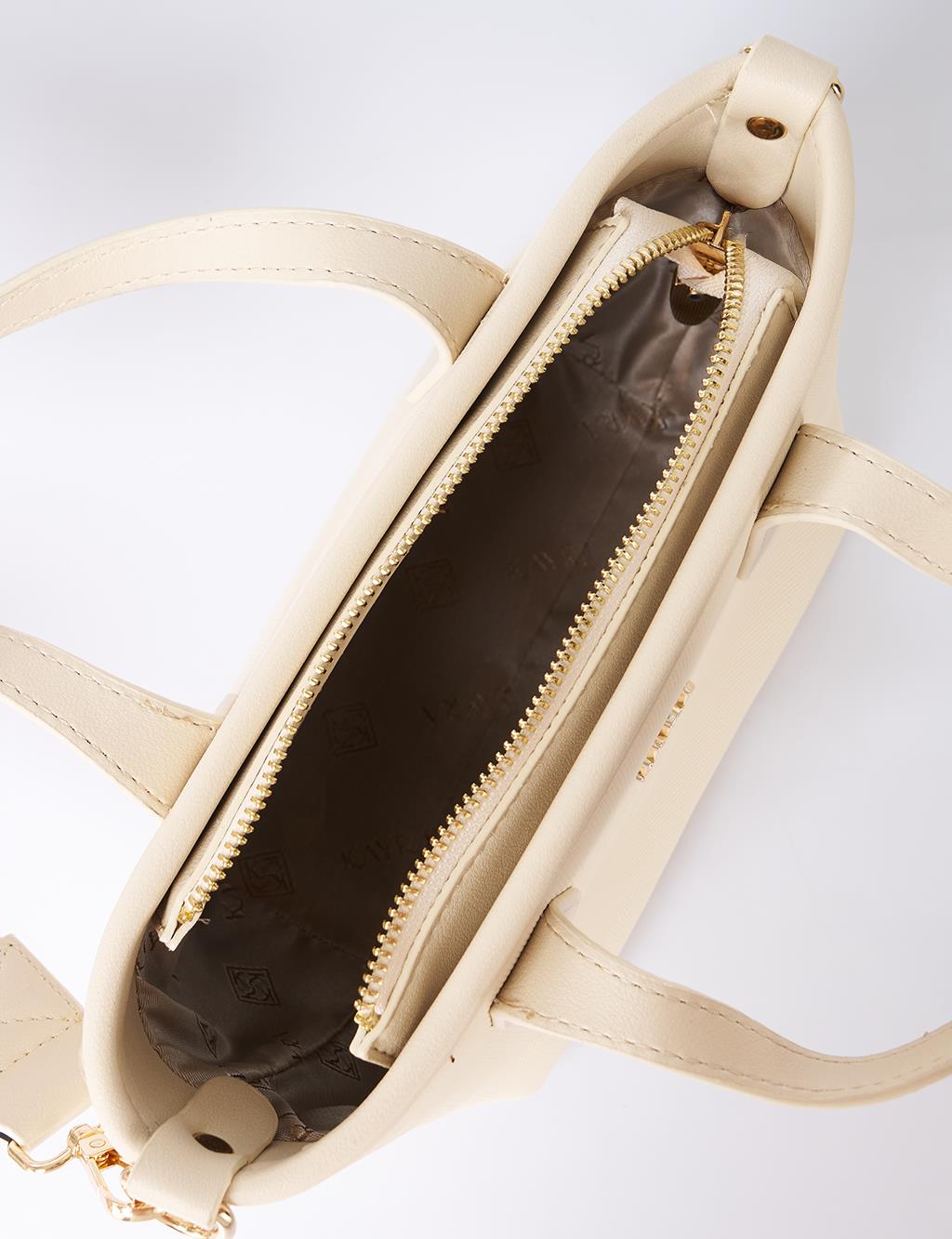 Textured Wide Strap Tote Bag Cream