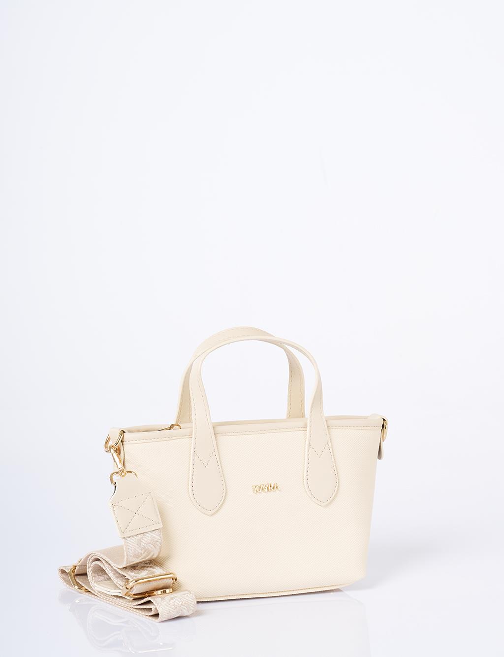 Textured Wide Strap Tote Bag Cream