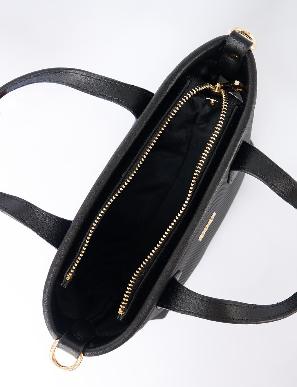 Textured Wide Strap Tote Bag Black