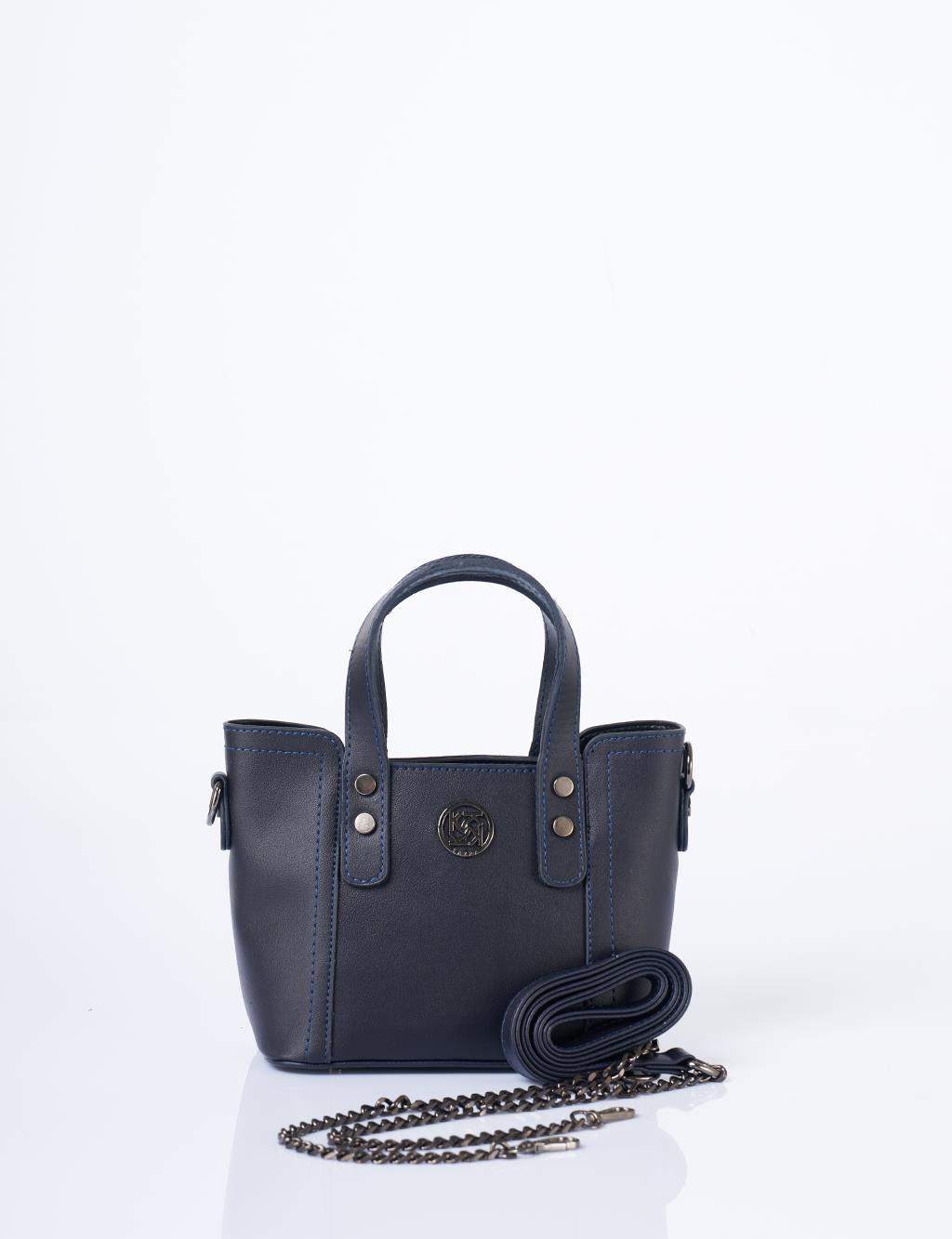 Zincir Omuz Askılı Monogram Logolu Suni Deri Tote Çanta Lacivert