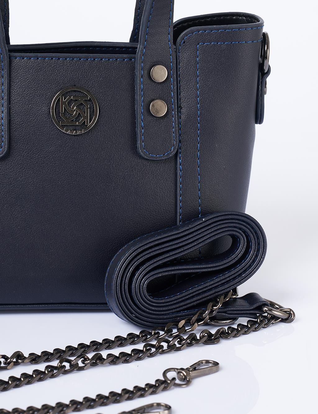 Zincir Omuz Askılı Monogram Logolu Suni Deri Tote Çanta Lacivert