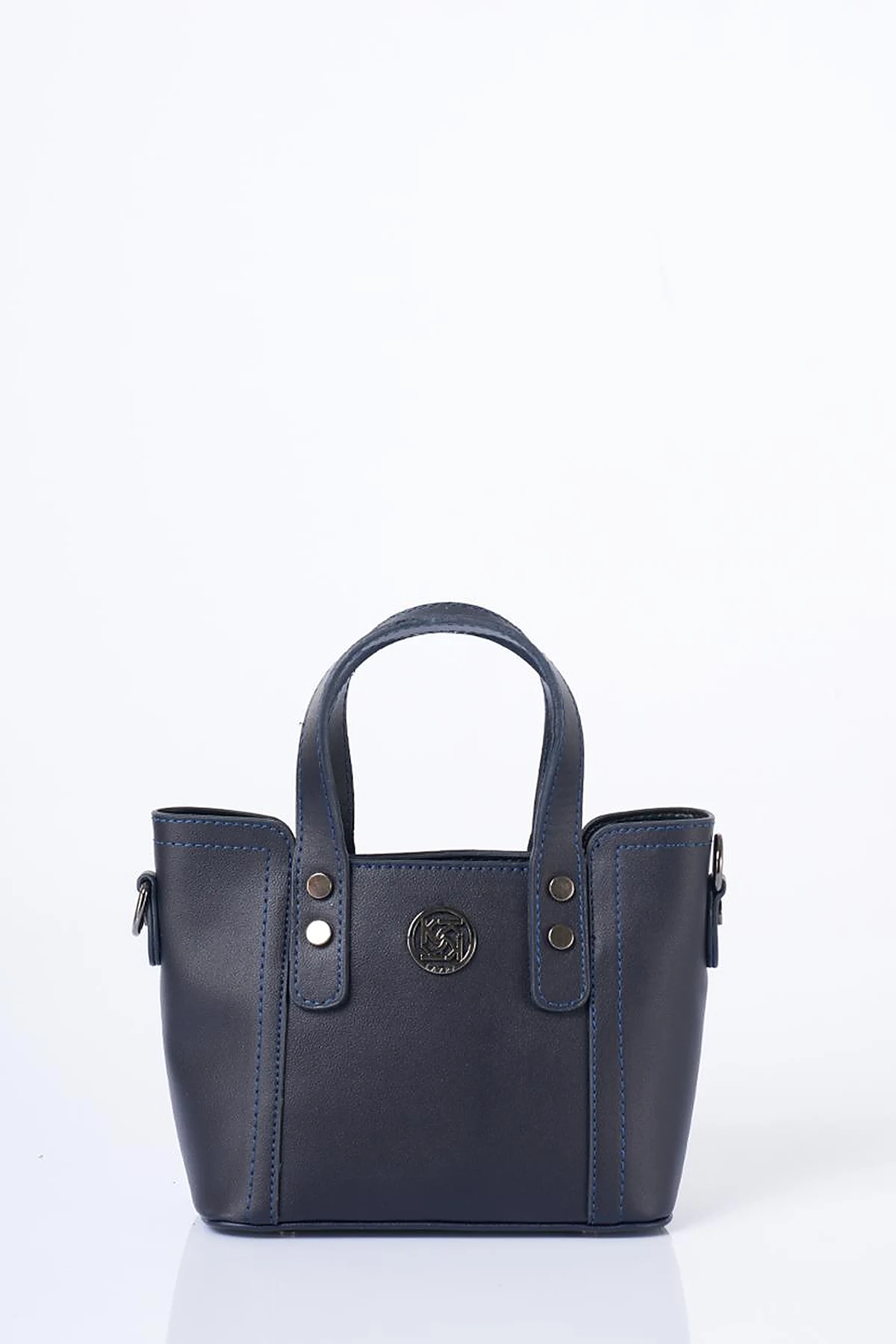 Chain Shoulder Strap Monogram Logo Faux Leather Tote Bag Navy