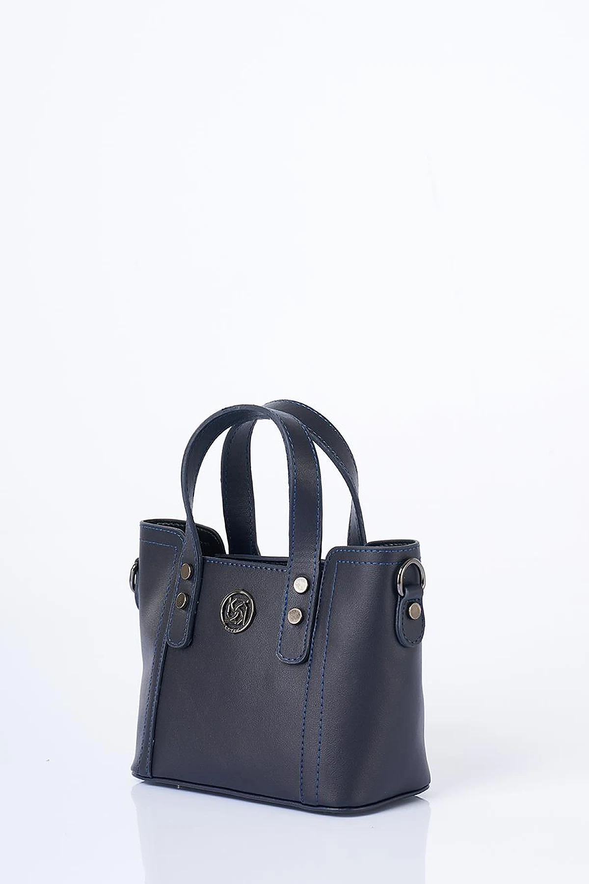 Chain Shoulder Strap Monogram Logo Faux Leather Tote Bag Navy