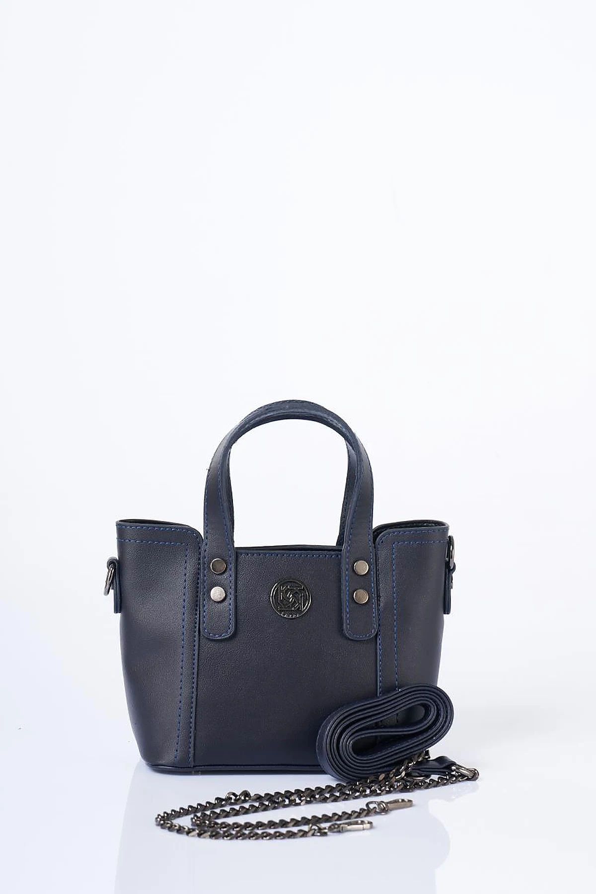 Chain Shoulder Strap Monogram Logo Faux Leather Tote Bag Navy