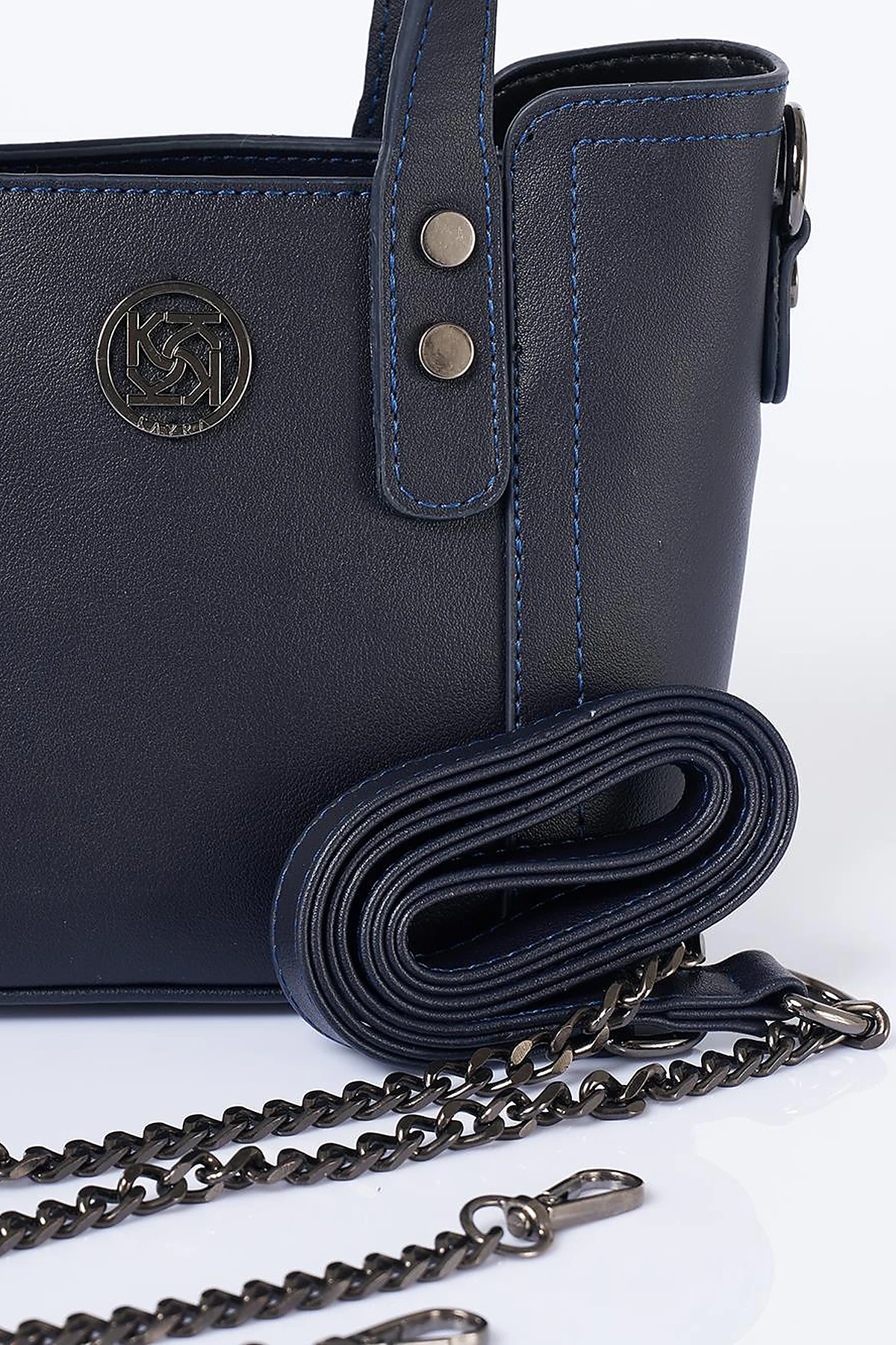 Chain Shoulder Strap Monogram Logo Faux Leather Tote Bag Navy
