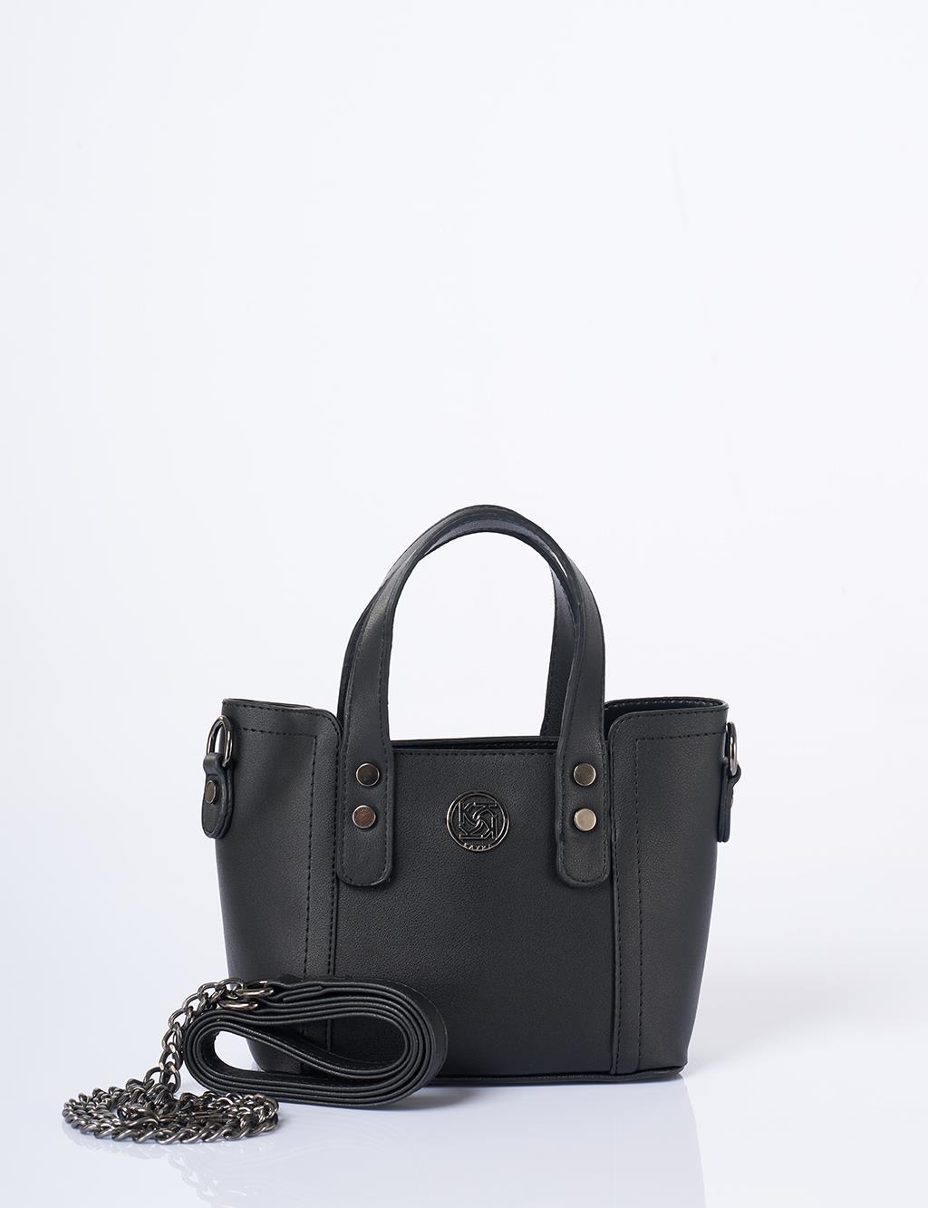 Zincir Omuz Askılı Monogram Logolu Suni Deri Tote Çanta Siyah
