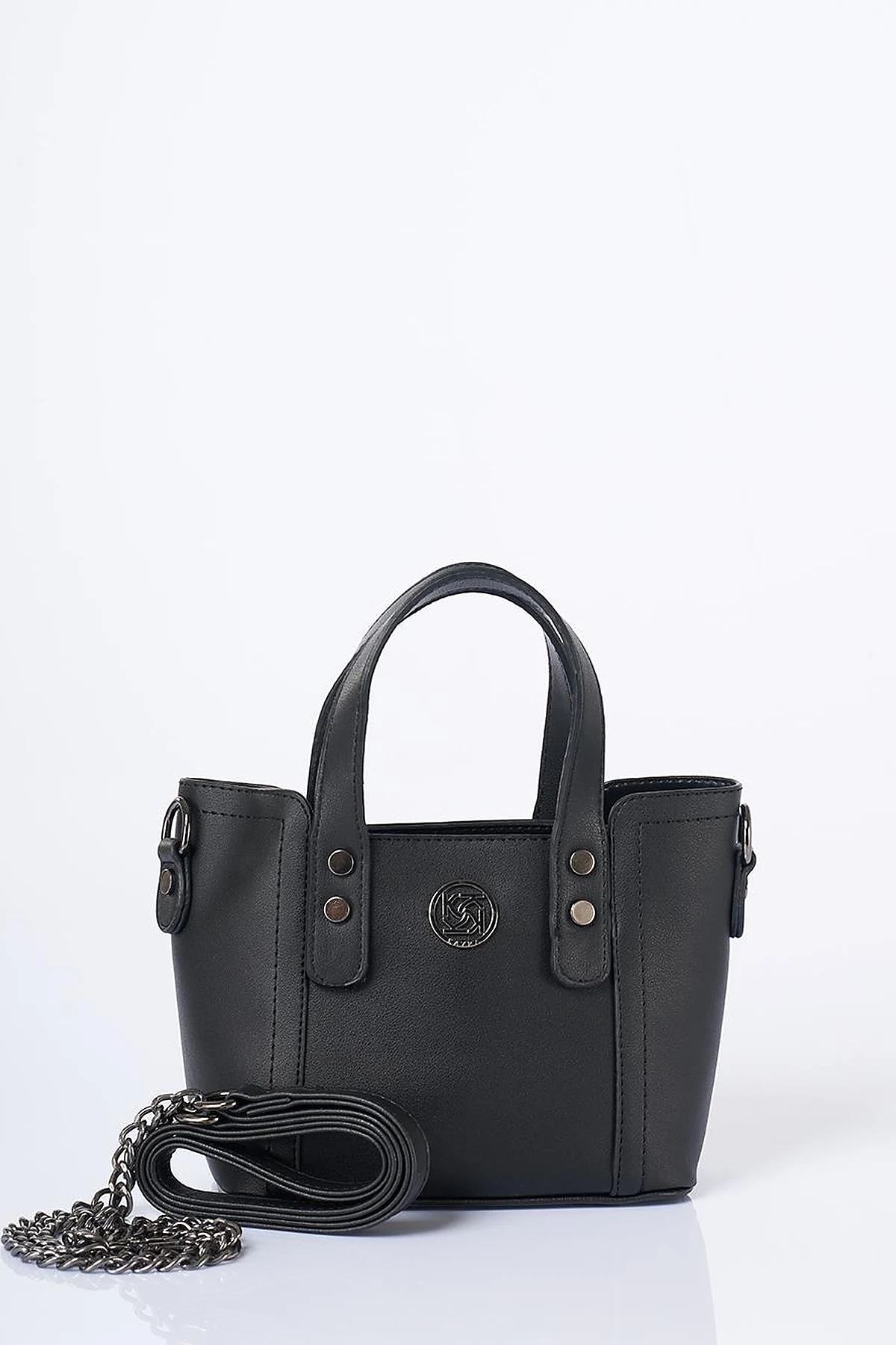 Chain Shoulder Strap Monogram Logo Faux Leather Tote Bag Black