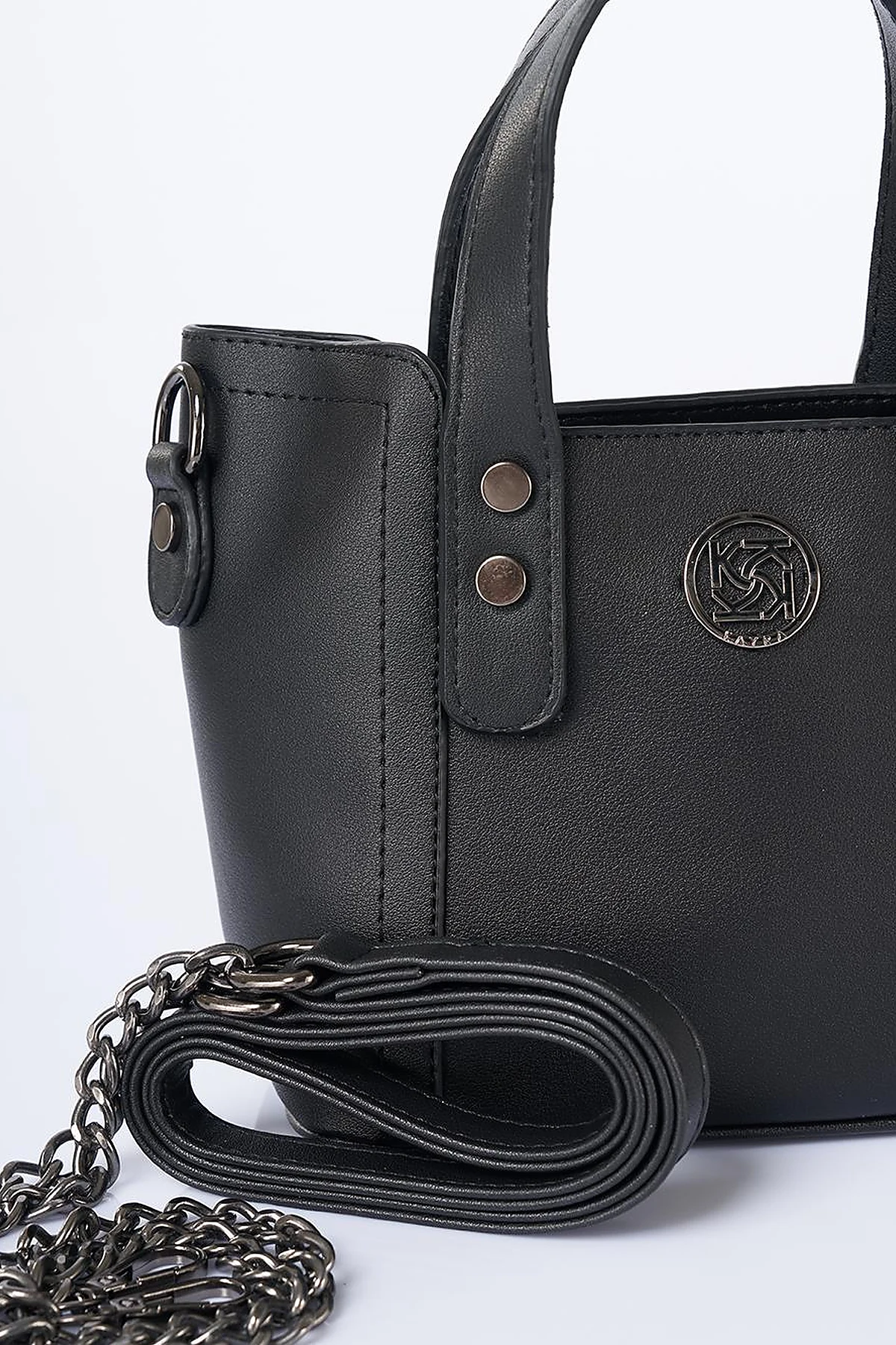 Chain Shoulder Strap Monogram Logo Faux Leather Tote Bag Black