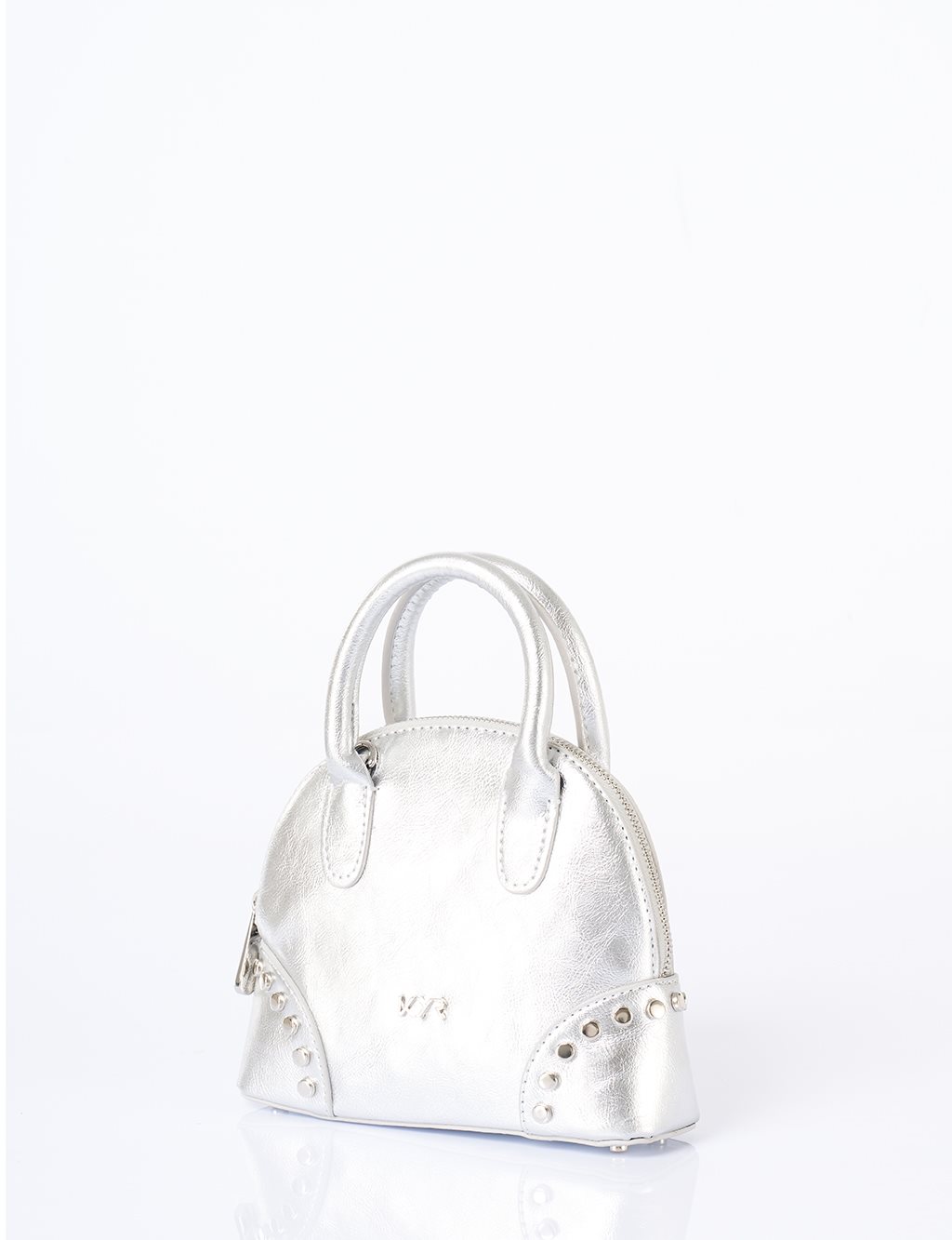 Stud Detailed Mini Faux Leather Handbag Silver