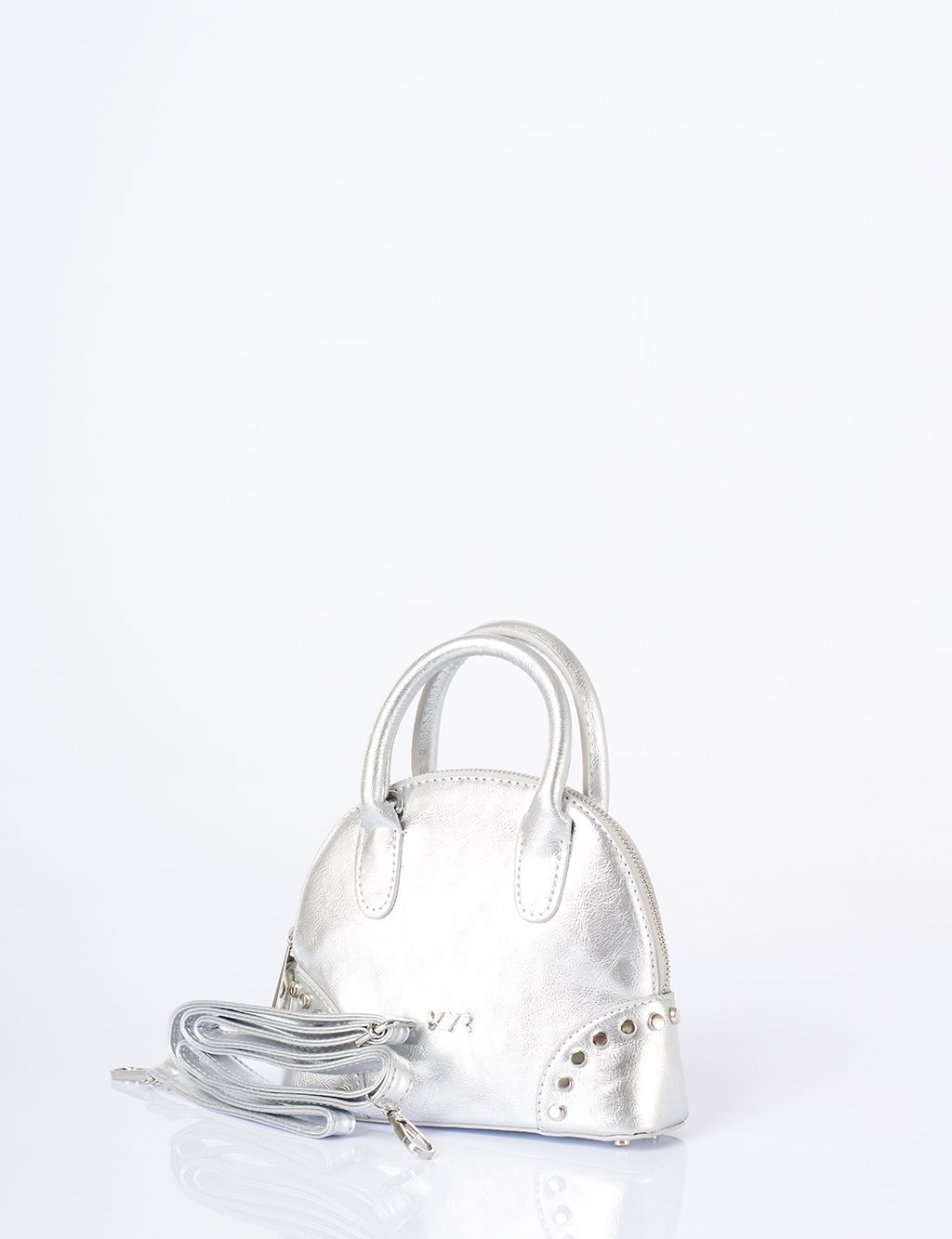 Stud Detailed Mini Faux Leather Handbag Silver