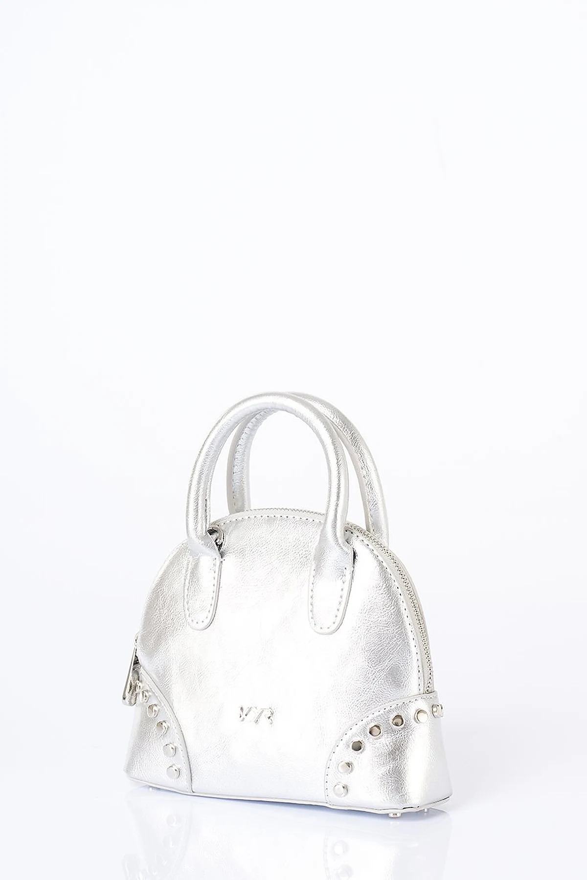 Stud Detailed Mini Faux Leather Handbag Silver