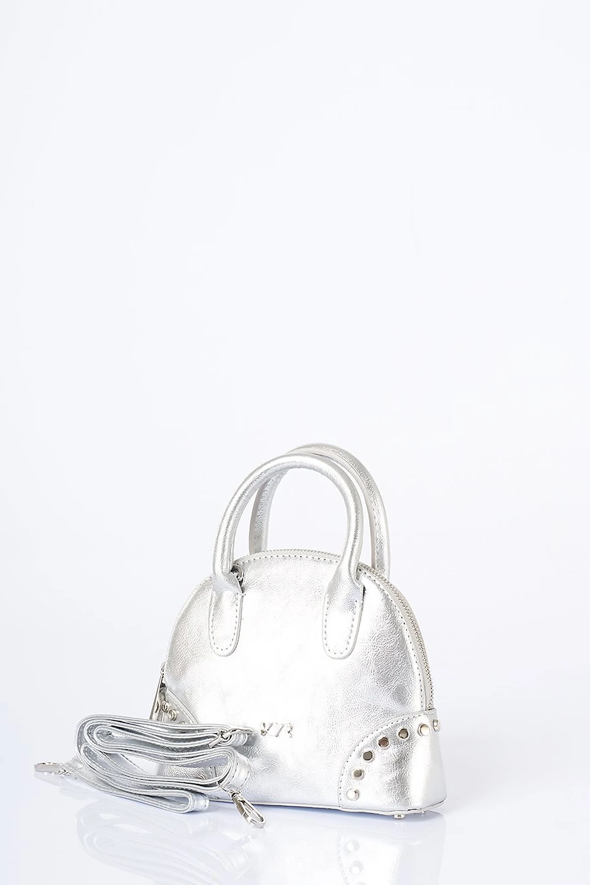 Stud Detailed Mini Faux Leather Handbag Silver