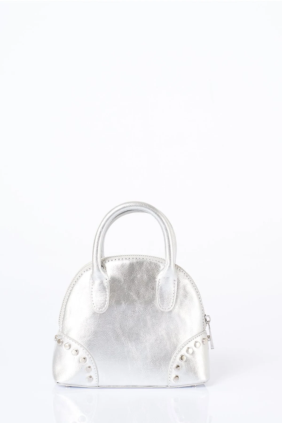 Stud Detailed Mini Faux Leather Handbag Silver