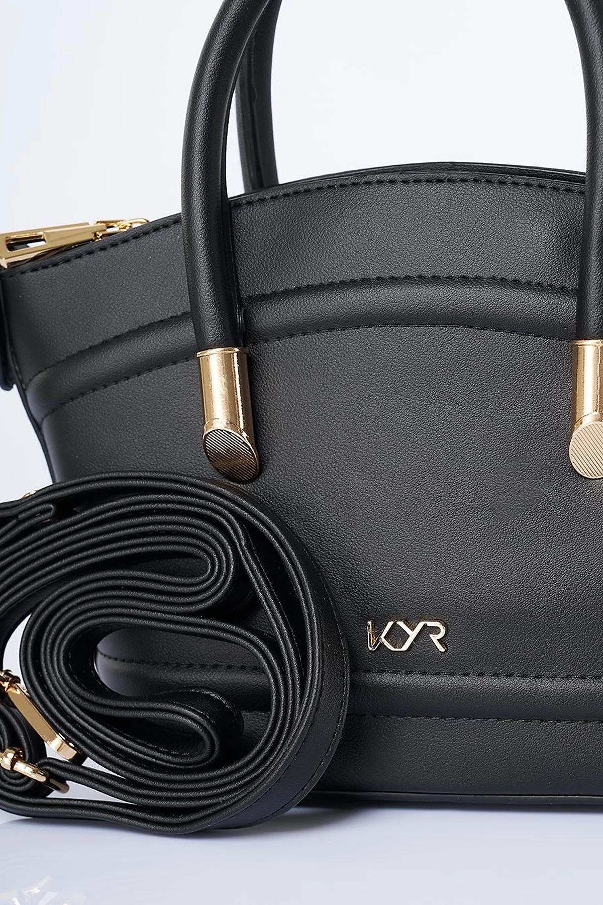 Gold Detailed Faux Leather Tote Bag Black