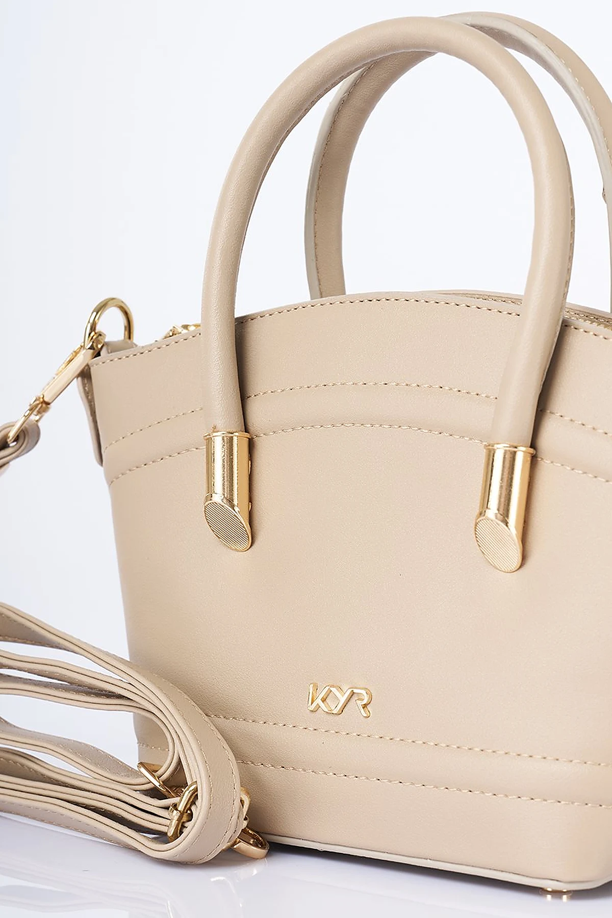 Gold Detailed Faux Leather Tote Bag Stone