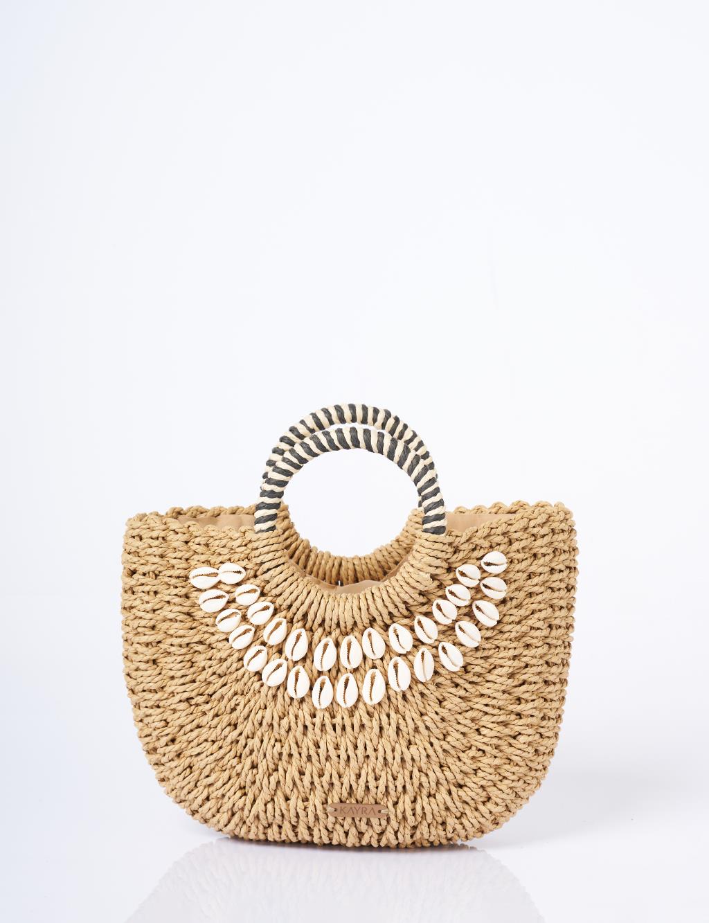 Seashell Detailed Straw Bag Camel