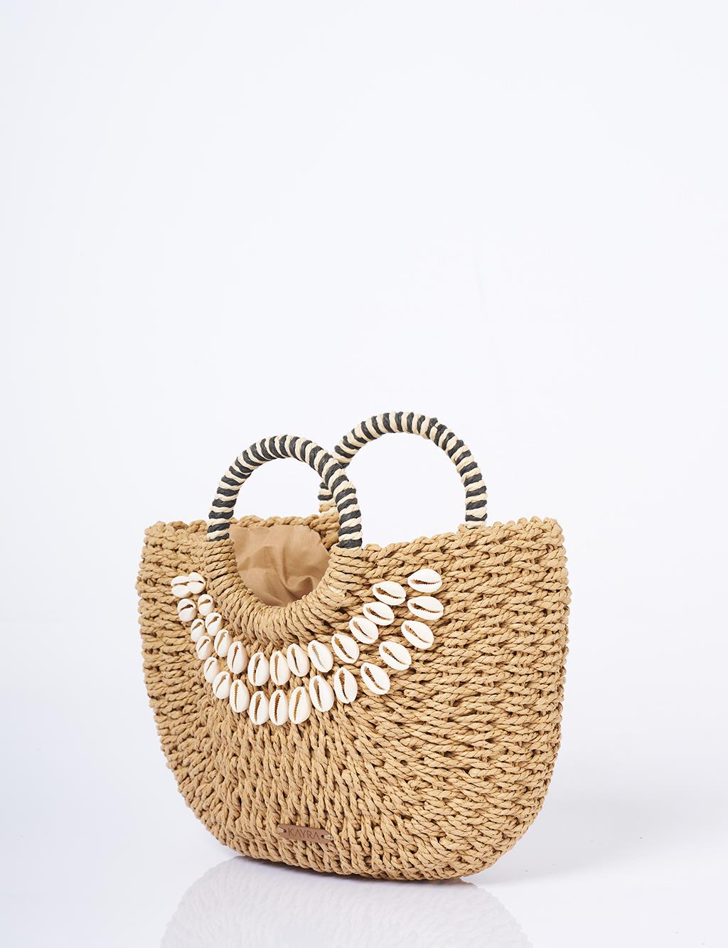 Seashell Detailed Straw Bag Camel