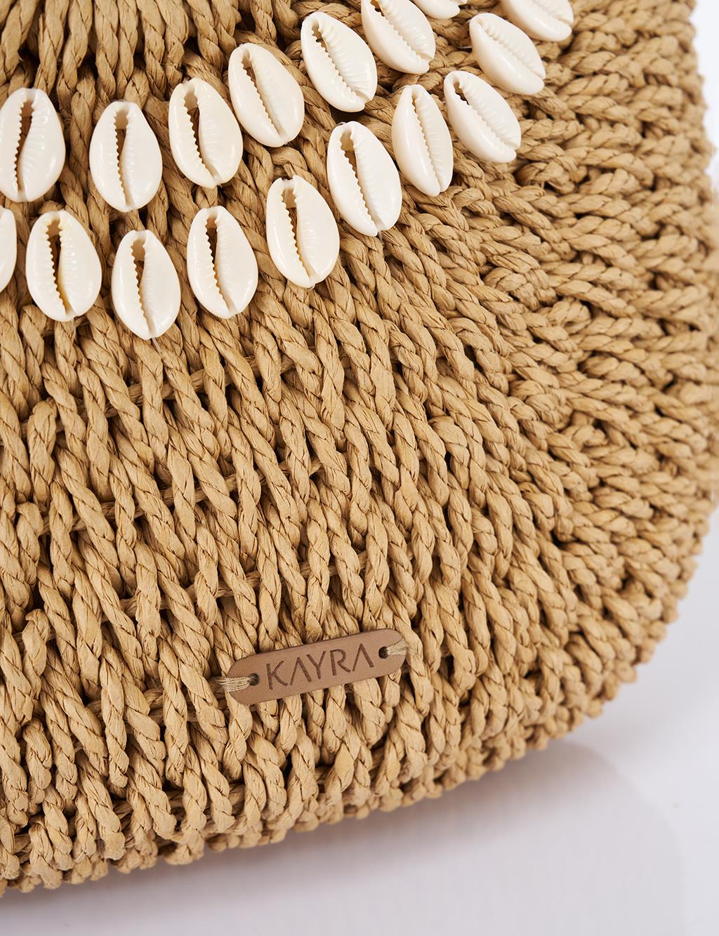 Seashell Detailed Straw Bag Camel