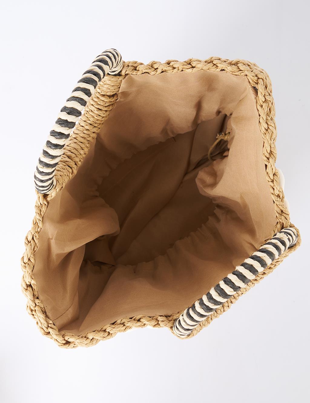 Seashell Detailed Straw Bag Camel