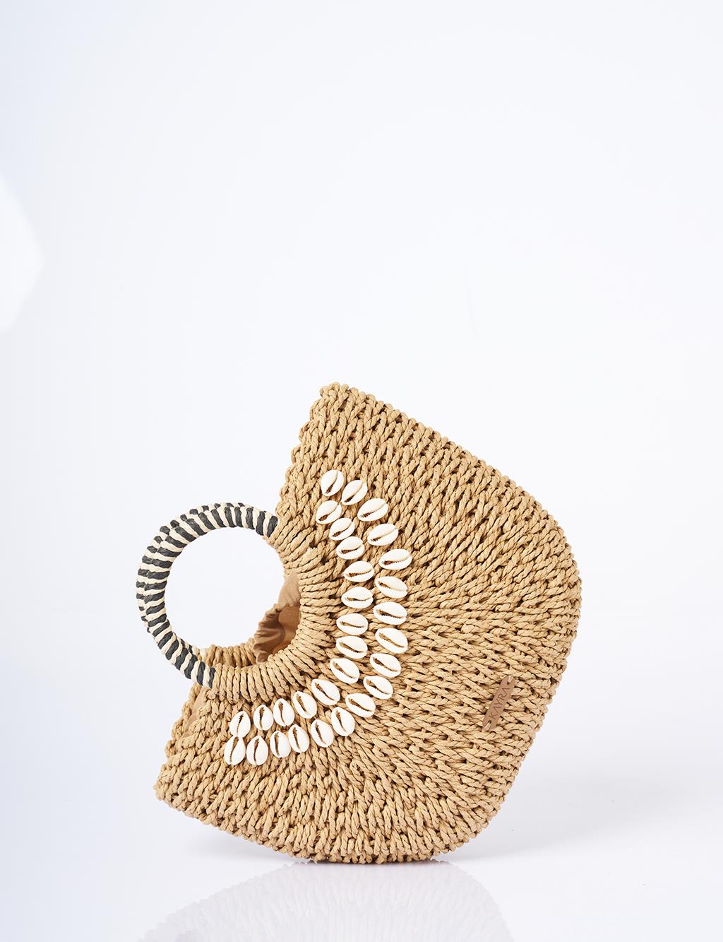 Seashell Detailed Straw Bag Camel