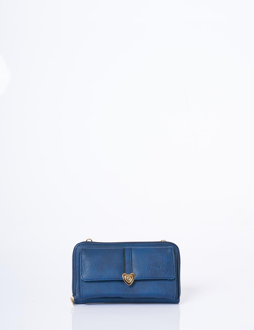 Heart Detailed Crossbody Wallet Bag Navy