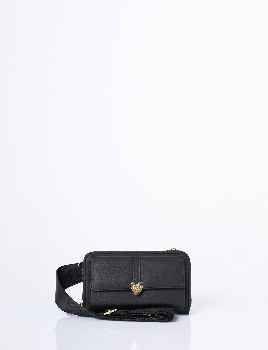 Heart Detailed Crossbody Wallet Bag Black