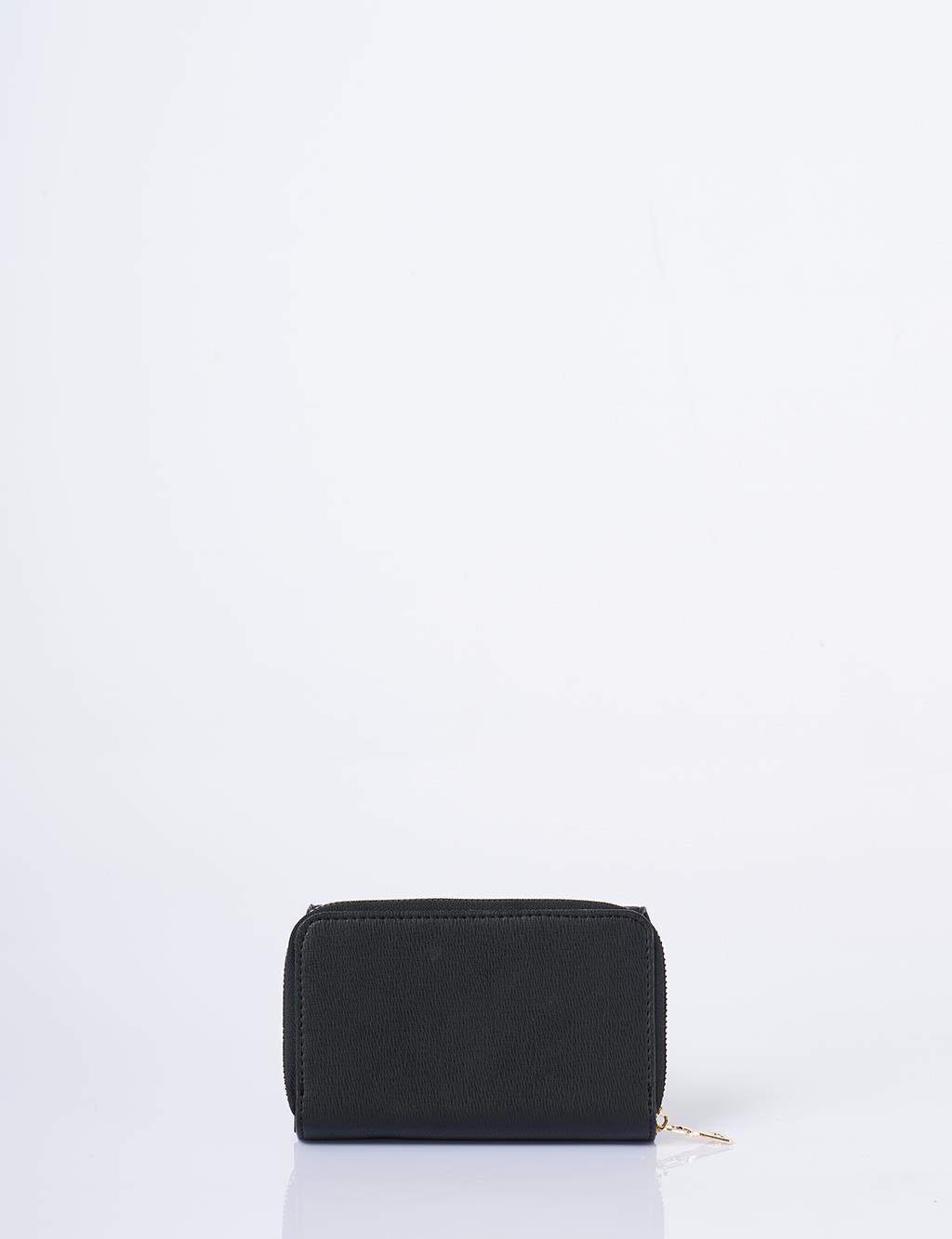 Gold Buckle Zippered Wallet Black