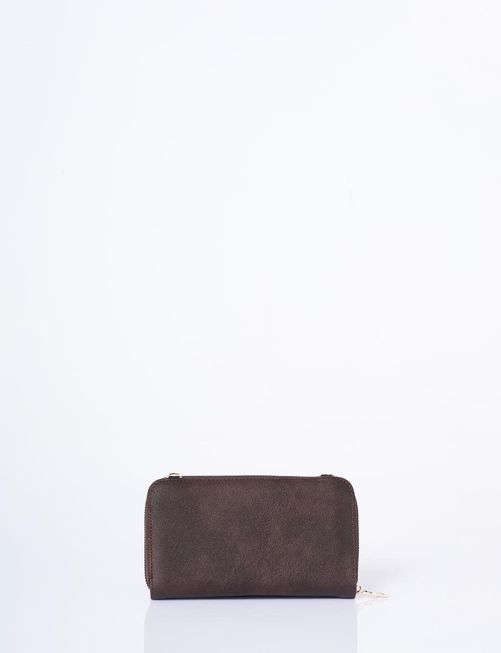 Heart Detailed Crossbody Wallet Bag Brown