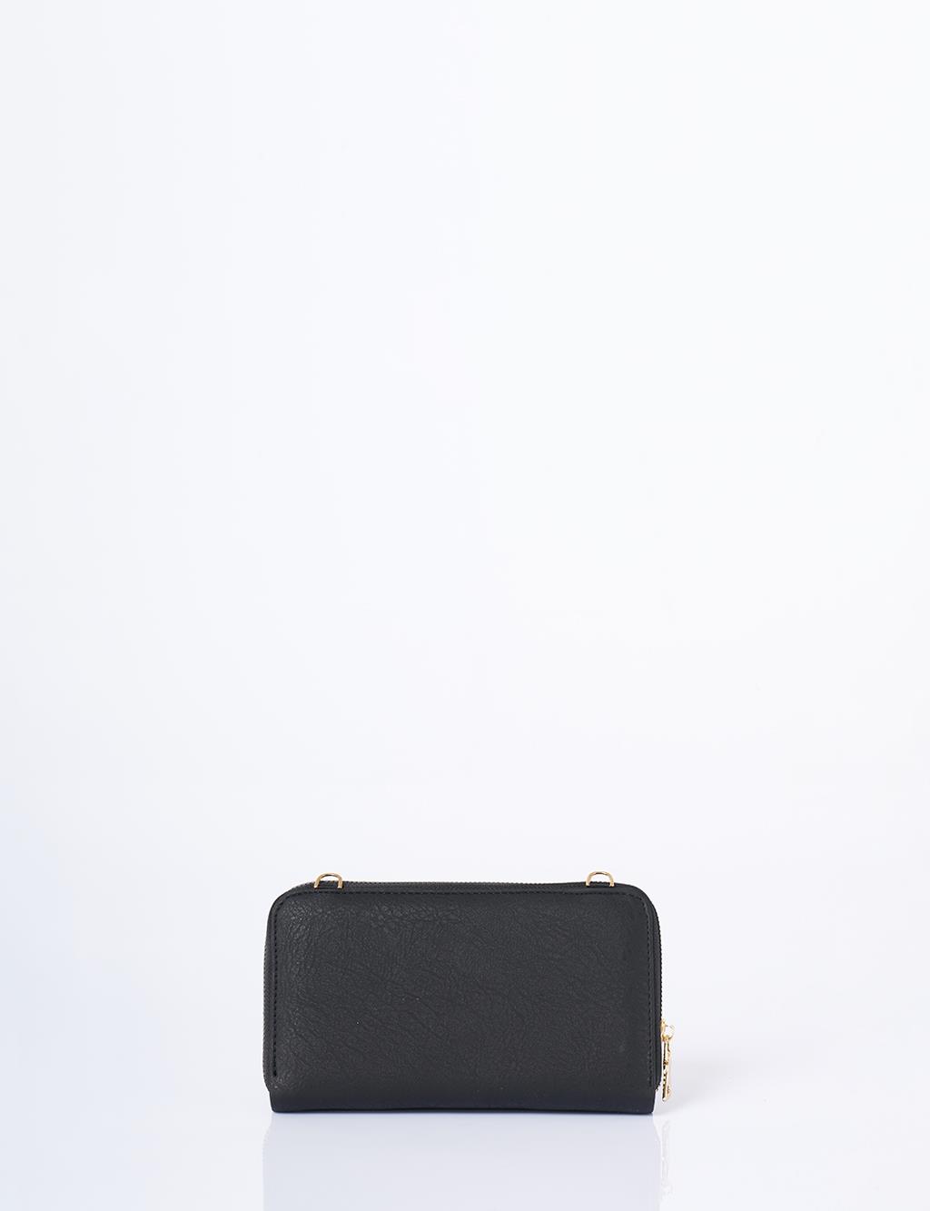 Heart Detailed Crossbody Wallet Bag Black