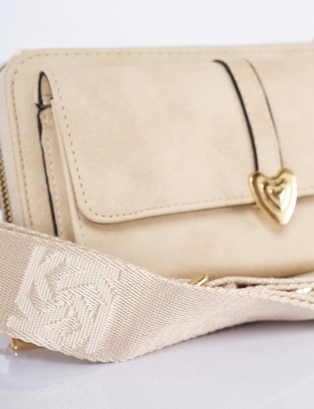 Heart Detailed Crossbody Wallet Bag Cream