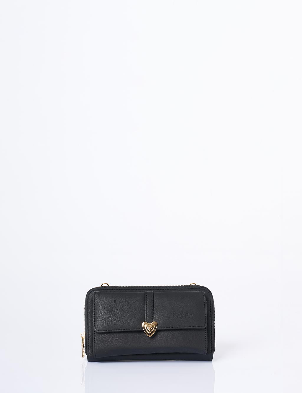 Heart Detailed Crossbody Wallet Bag Black