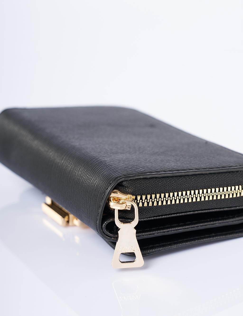 Gold Buckle Zippered Wallet Black