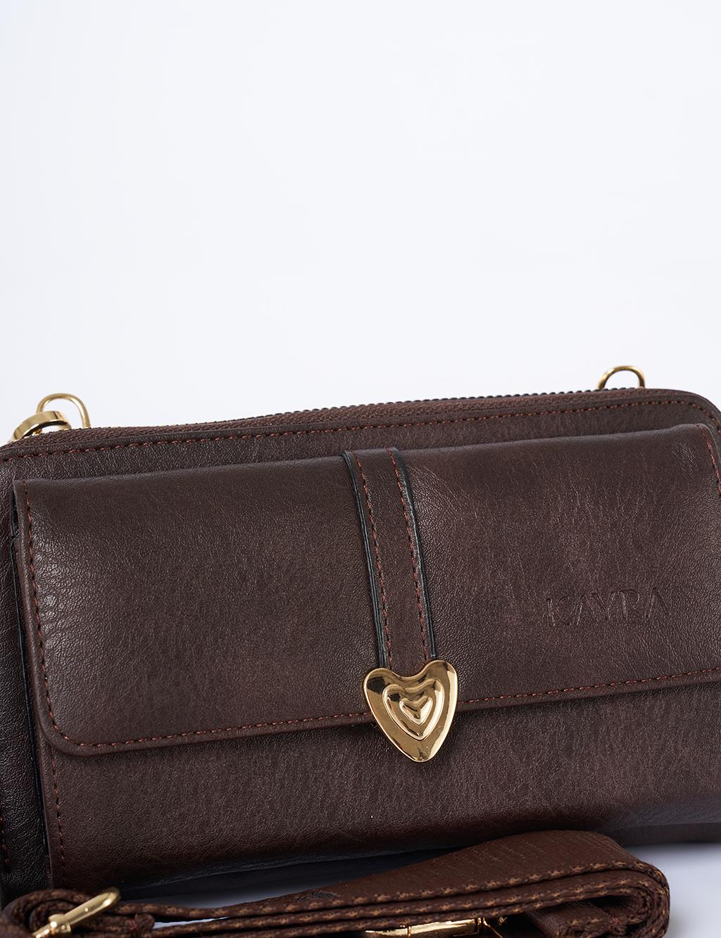 Heart Detailed Crossbody Wallet Bag Brown