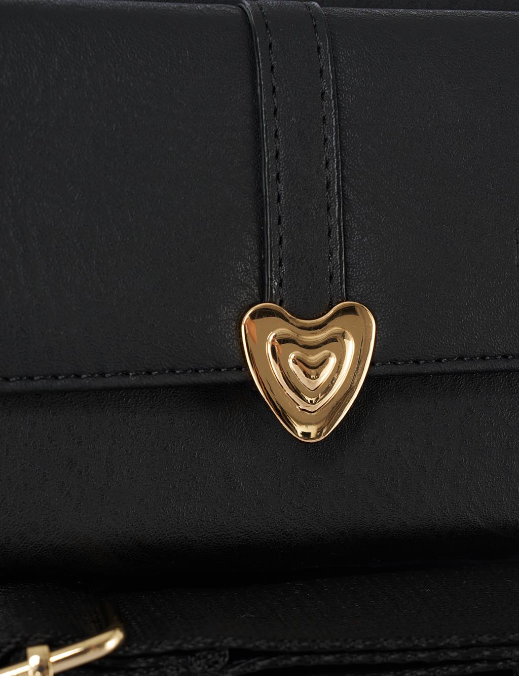 Heart Detailed Crossbody Wallet Bag Black
