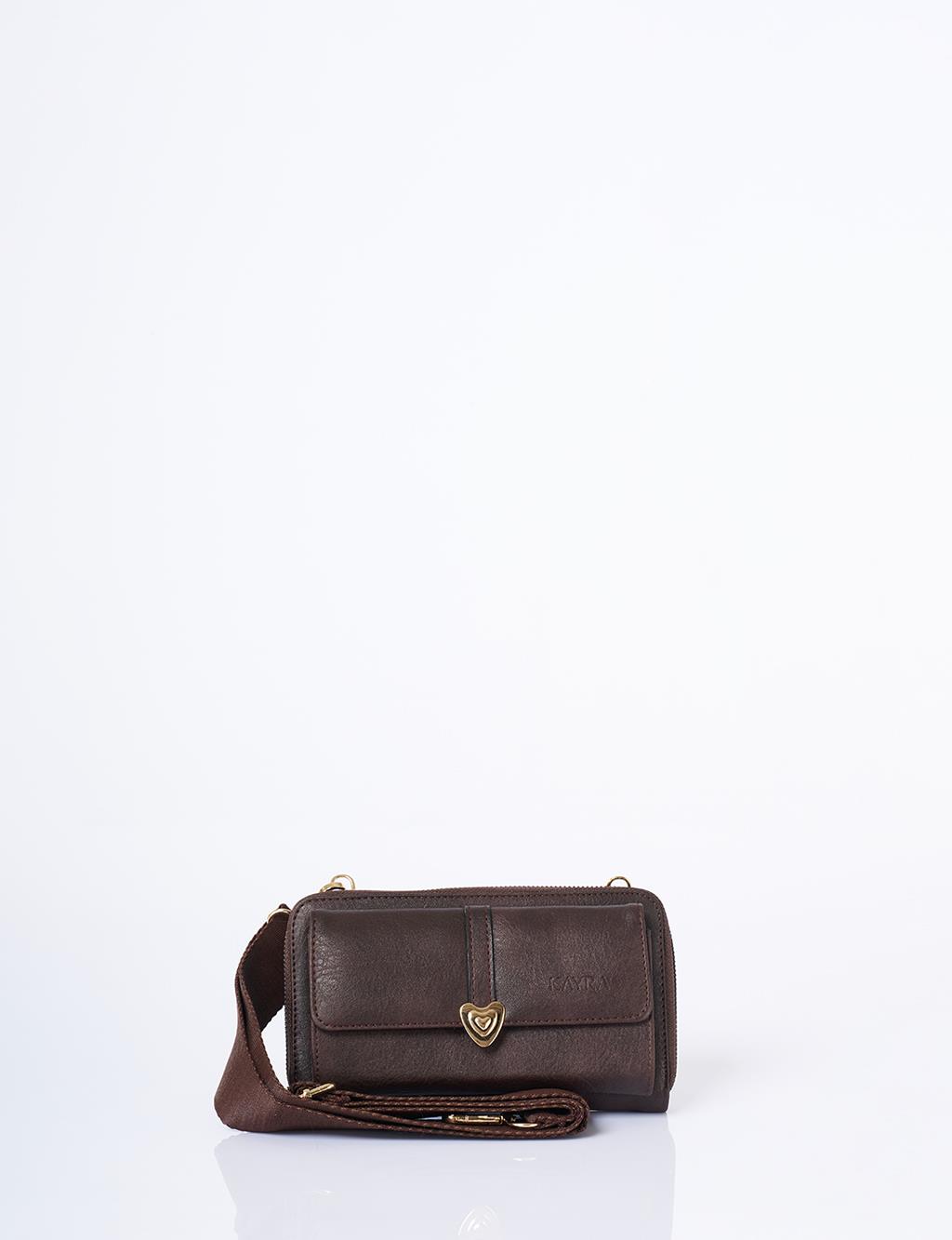 Heart Detailed Crossbody Wallet Bag Brown