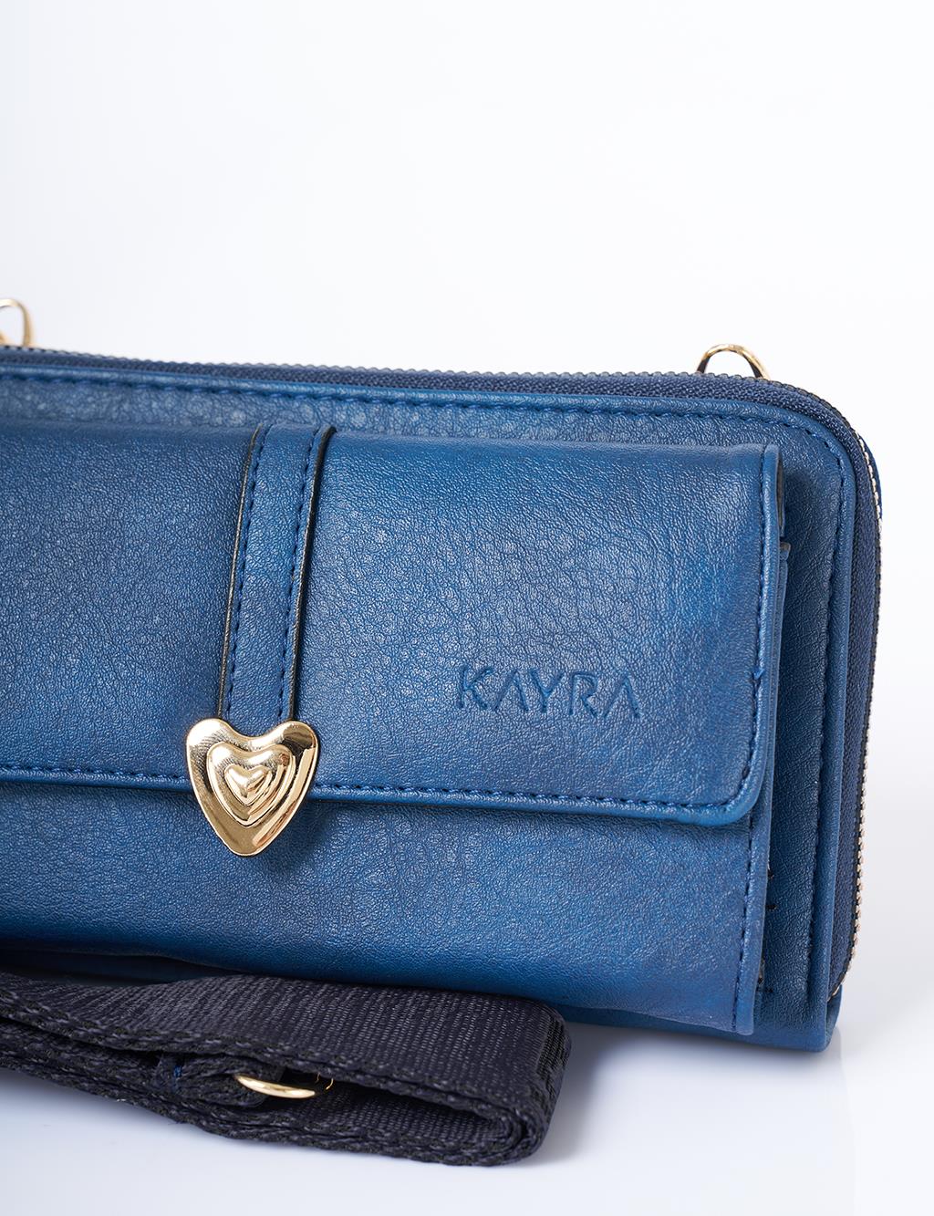 Heart Detailed Crossbody Wallet Bag Navy