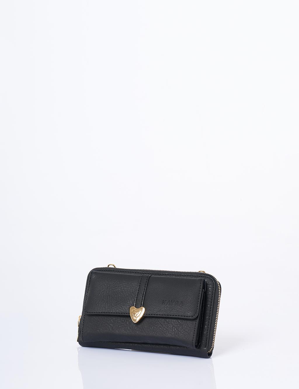Heart Detailed Crossbody Wallet Bag Black