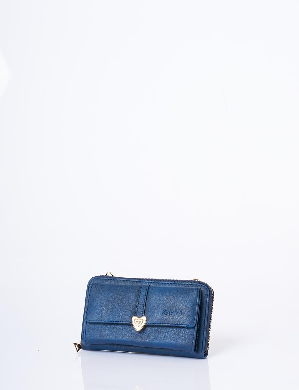 Heart Detailed Crossbody Wallet Bag Navy