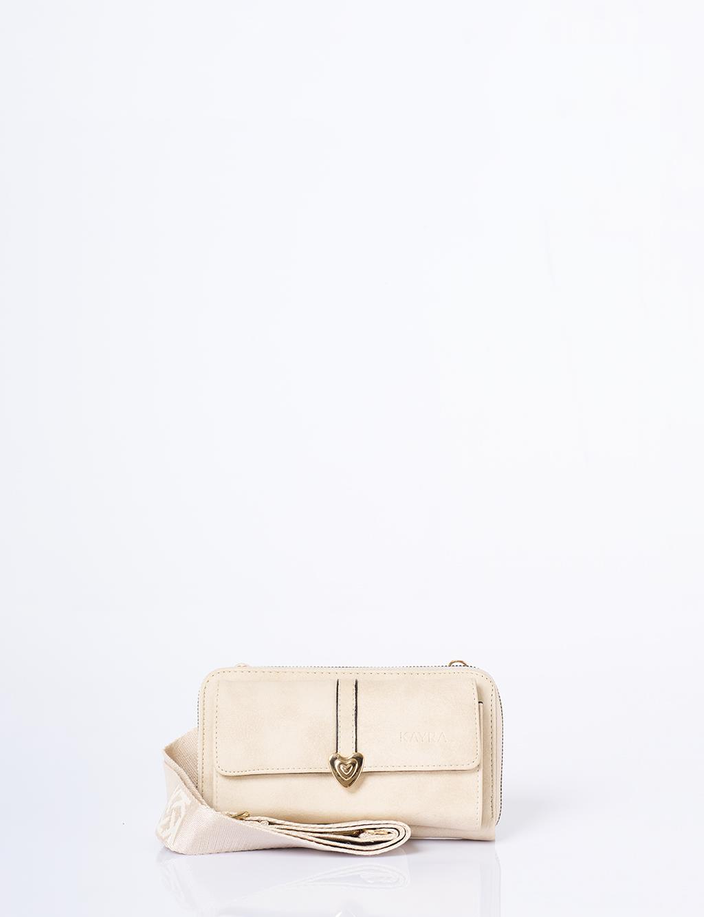 Heart Detailed Crossbody Wallet Bag Cream