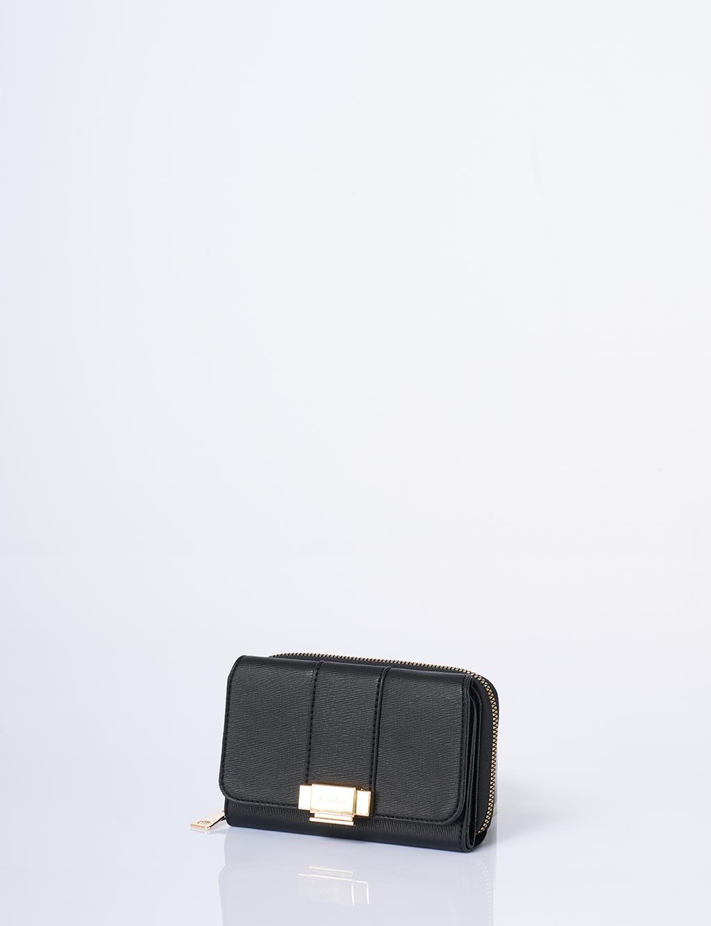 Gold Buckle Zippered Wallet Black
