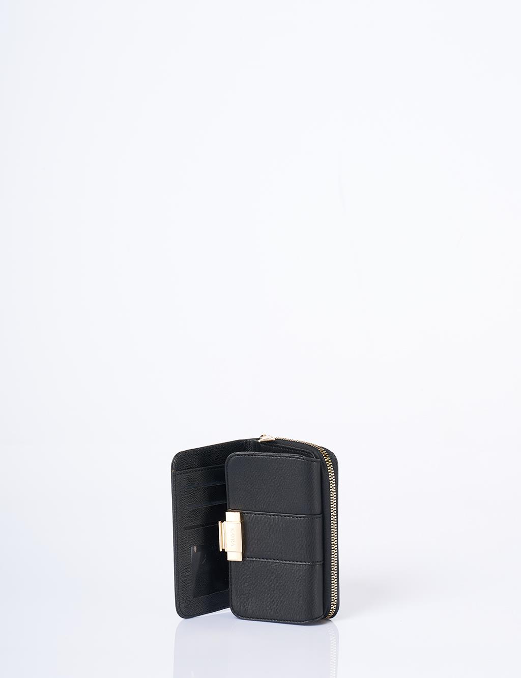 Gold Buckle Zippered Wallet Black