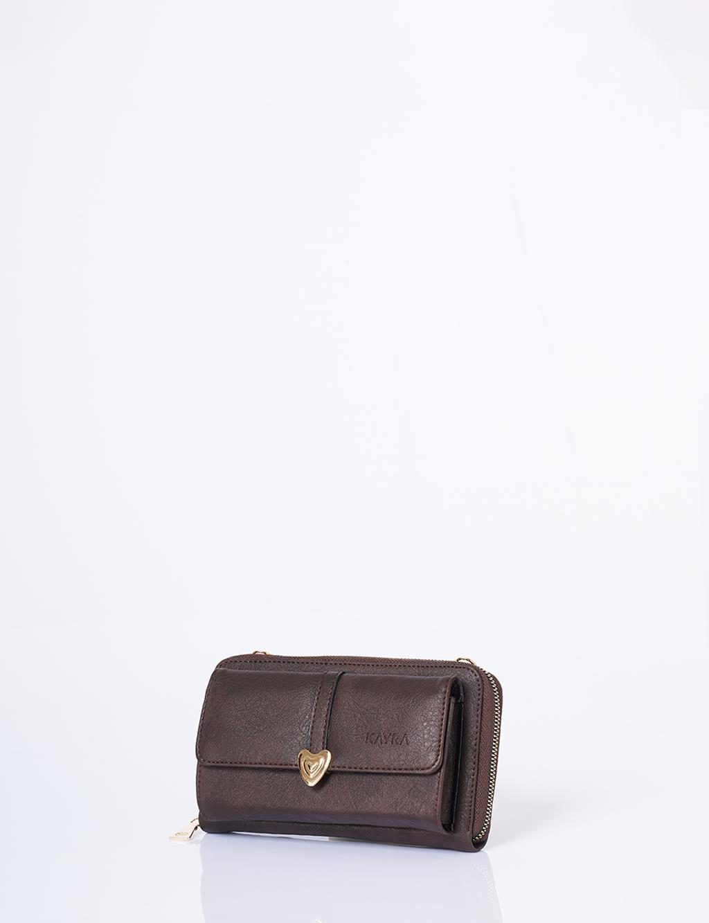 Heart Detailed Crossbody Wallet Bag Brown